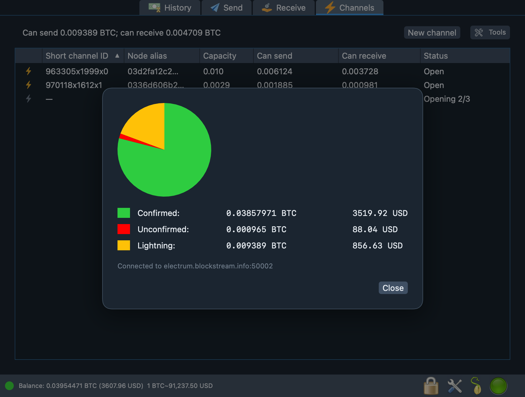 The balance dialog splitting funds between confirmed, unconfirmed and Lightning