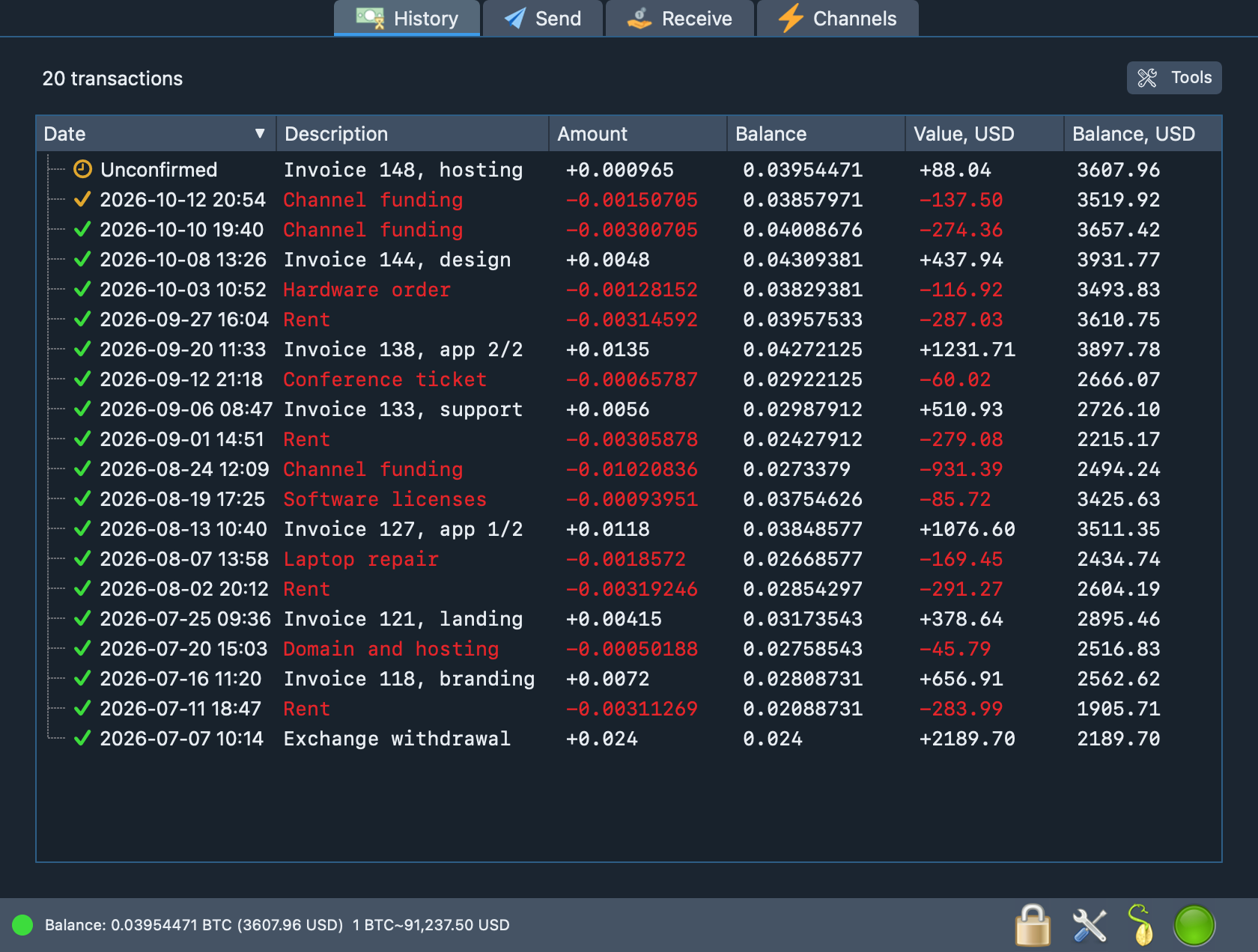 The Selectrum History tab showing twenty transactions with notes, amounts, balances and fiat values