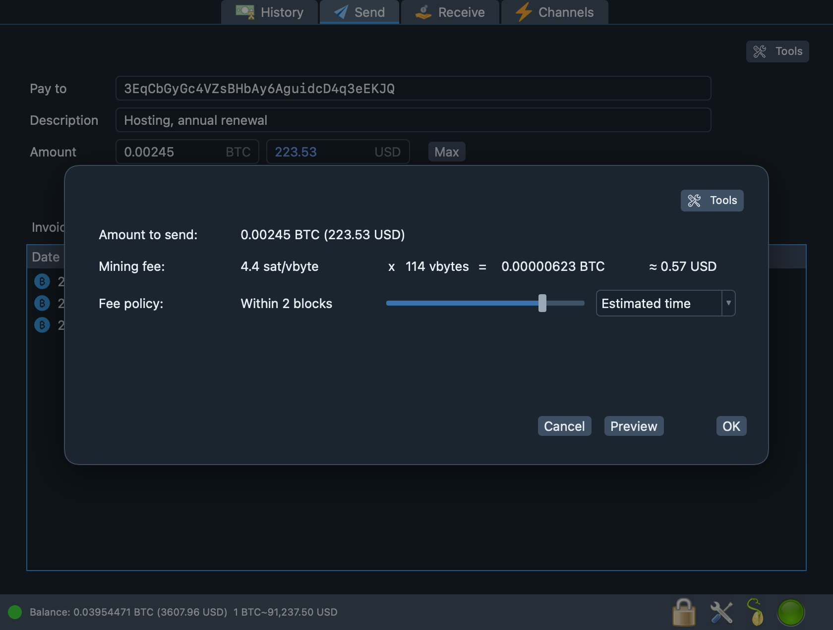 The payment dialog with the amount, the mining fee and the fee policy