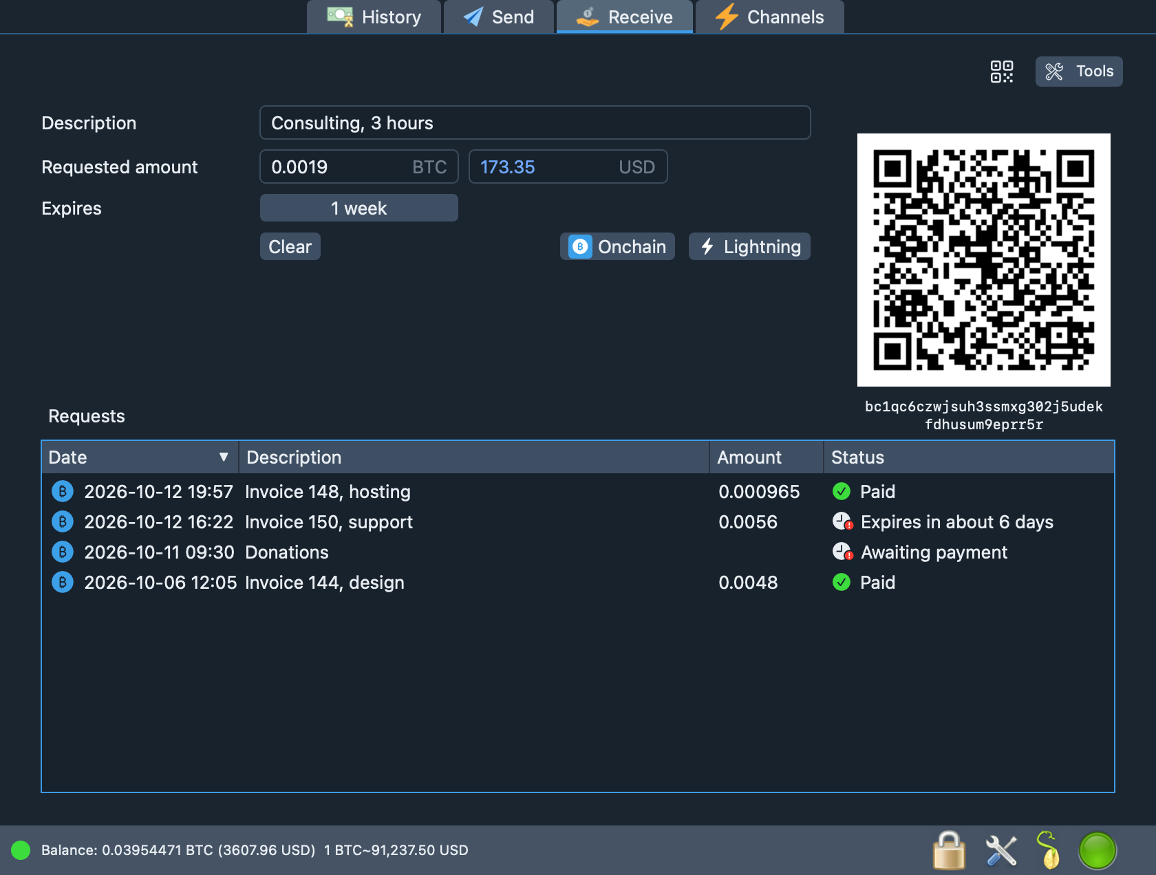 The Receive tab with a QR code and a list of payment requests