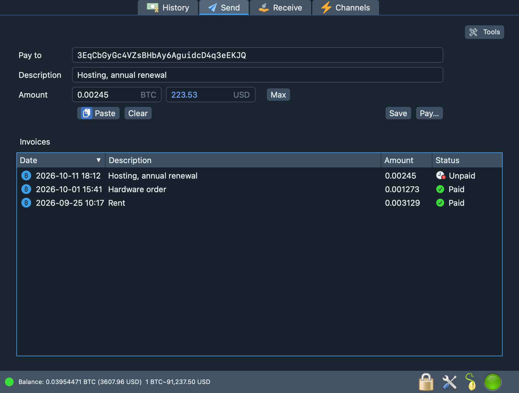 The Send tab with a payment form and a list of saved invoices
