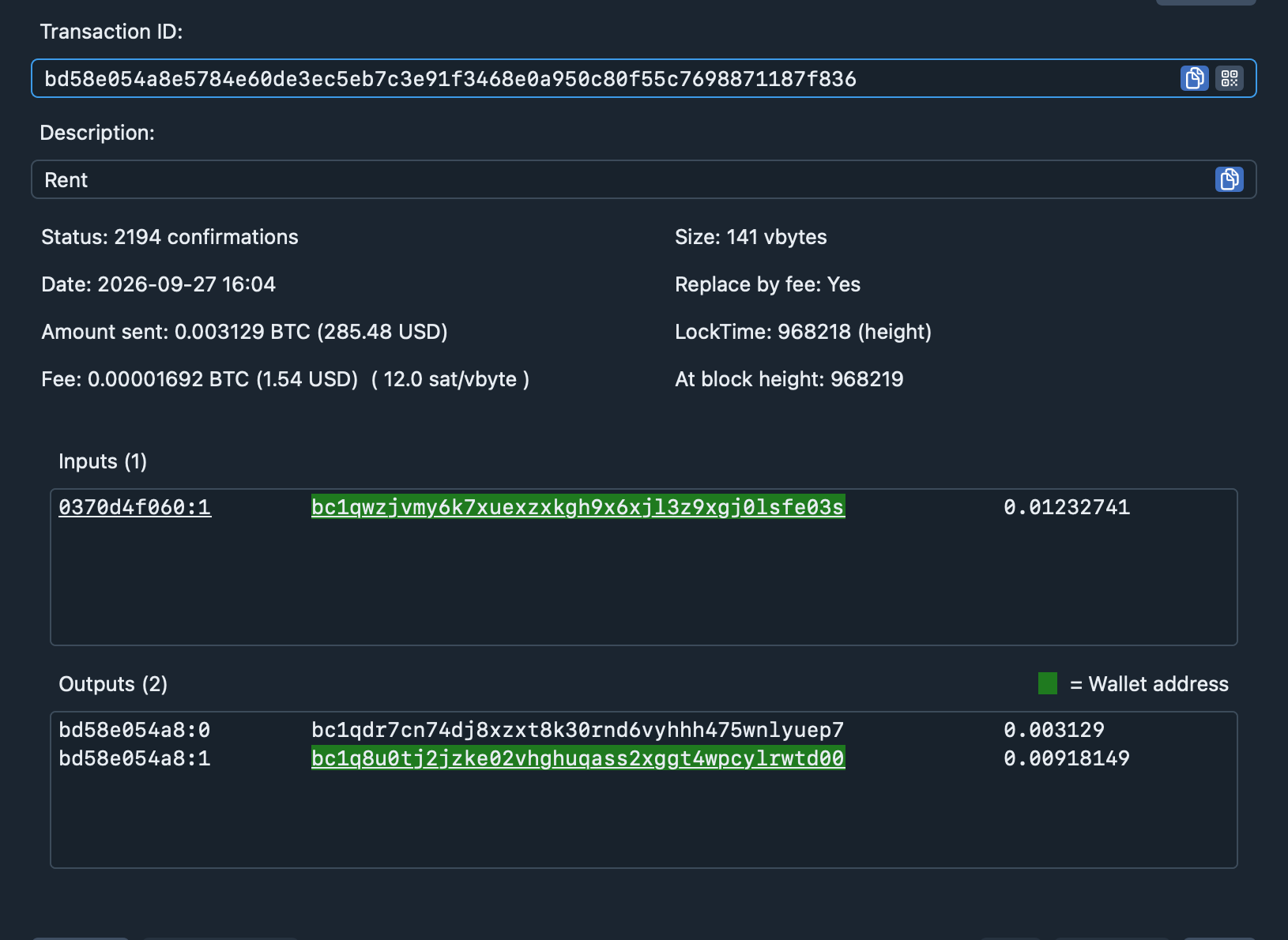 Details of a transaction: inputs, outputs, fee rate and confirmations