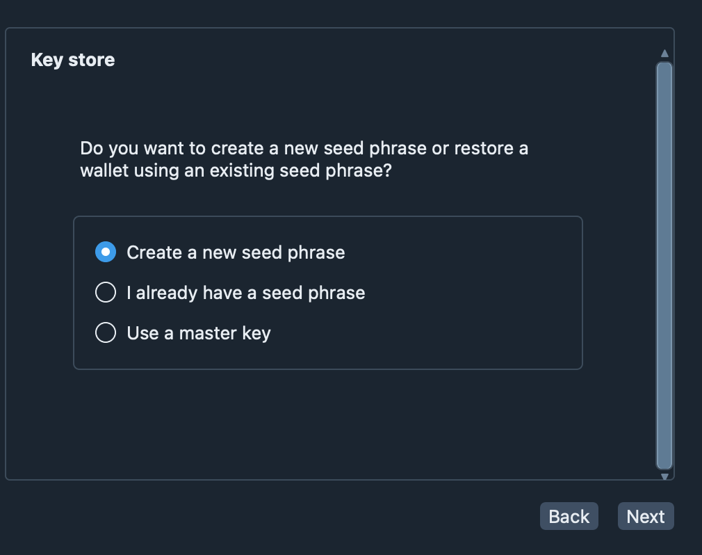 The wallet wizard step for choosing how to create the keys